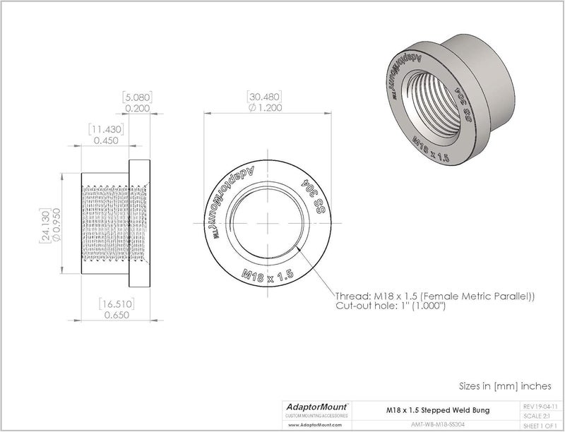 AdaptorMount M18 x 1.5 Stainless Steel 304 Female Threaded Stepped Weld Bung Metric Mounting Boss Fitting (OD 1.0") with Top Head (OD 1.2") - Image 5